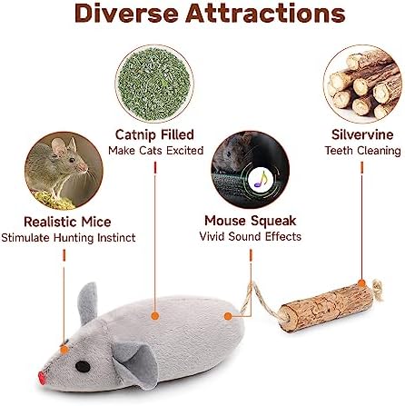Potaroma Cat Toys 3Pcs Squeak Mice, Interactive Catnip Silvervine Animals Toys for Indoor Kittens, Dental Matatabi Cat Nip Chirping Toy, Cat Chew Exercise Toy for All Breeds and Species
