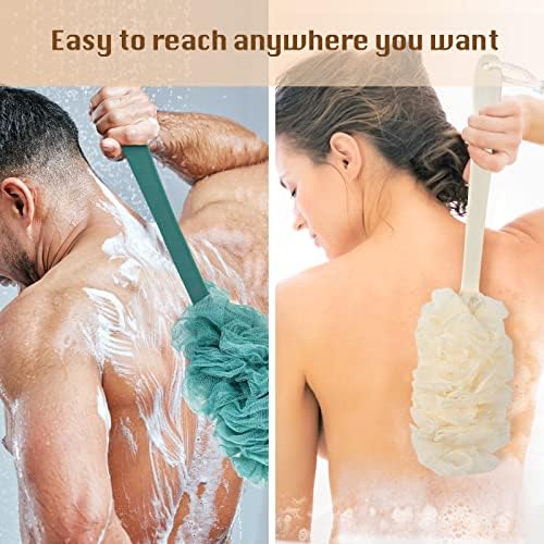 2Pack Back Scrubber for Shower,PIPUHA Loofah Sponge Shower Brush Using Body Exfoliating with Long Handle, Loofah on a Stick for Men Women, Bathing Accessories for Body Brushes (Blue and White)