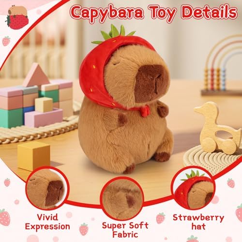Emoin Capybara Plush Toy with Strawberry Hat 9.8 Inch Kawaii Capybara Plushie Soft Capybara Valentines Stuffed Animals Doll Strawberry Capybara Valentines Day Gift for Her