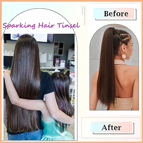 Hair Tinsel Kit (48 Inch,12 Colors, 3800 strands), Fairy Tinsel Hair Extensions with Tools - Glitter Hair Tinsel Heat Resistant Accessories for Girls Women Kids Christmas New Year Halloween Cosplay