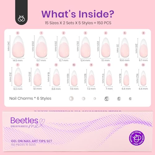 Beetles French Tip Press on Nails - 150Pcs 4 in 1 Nude Pink Almond Press On Nails Medium Full Cover French Tip Press on Nails with 6 Kinds of Nail Accessories Nail Art DIY Gift for Women
