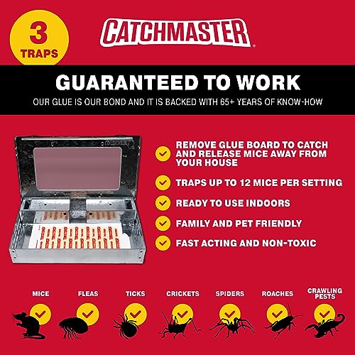 Catchmaster Pro Series Multi-Catch Mouse Trap 3-Pack, Humane Mouse Traps Indoor for Home, Rat Trap Outdoor with Replaceable Glue Boards, Pet Safe Pest Control, Live Trap for Garage & Shed
