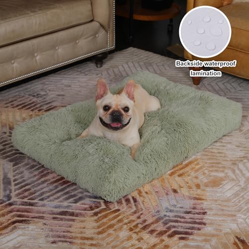 Bedfolks Waterproof Crate Bed, Plush Dog Kennel Pad with Removable Cover, Faux Fur, Washable, 35"x23", Sage Green