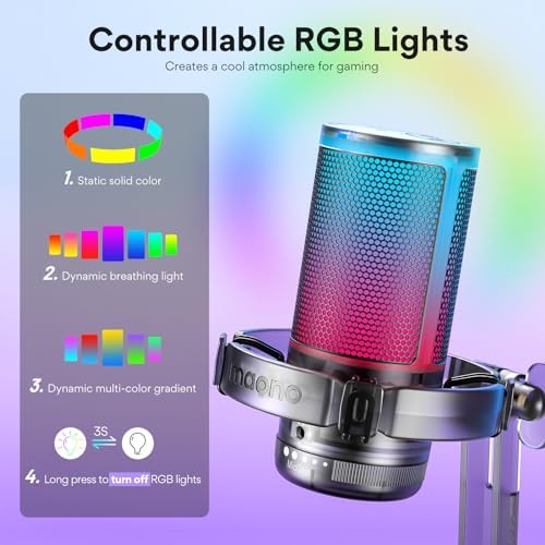 MAONO Gaming USB Microphone for PC with Noise Cancellation, Computer RGB Condenser Mic for Streaming Discord Twitch YouTube Podcast Online Chat PS4 PS5, GamerWave DGM20