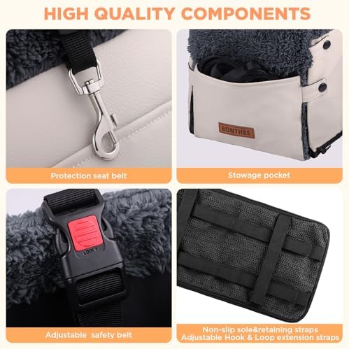 Center Console Dog Car Seat for Small Dogs,PU Leather Small Dog Car Booster Seat,Washable Foldable Puppy Car Seat with Safe Protection Hooks Adjustable Straps and Storage Pocket Pet Up to 20lbs