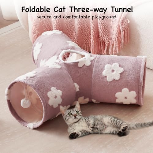 Tempcore Flannel Pet Cat Tunnel Tube Cat Toys 3 Way Collapsible, Cat Tunnels for Indoor Cats,Kitty Tunnel Bored Cat Pet Toys Peek Hole Toy Ball Cat, Puppy, Kitty, Kitten, Rabbit Daisy Burlwood