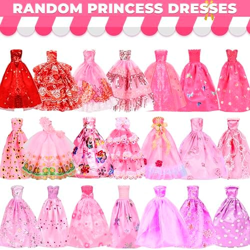 70 Pcs Doll Clothes and Accessories Kit, Including 4 Princess Gowns 8 Fashion Dresses 3 Tops 3 Pants 2 Bikini Swimsuits 20 Shoes 10 Hangers 20 Accessories for 11"-12" Dolls1