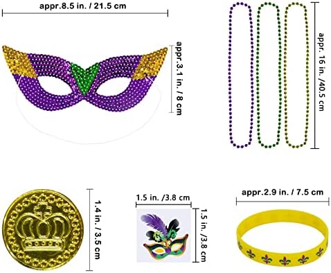 Winlyn 144 Pcs Mardi Gras Party Accessories Set Bulk Mardi Gras Bead Necklaces Masquerade Mardi Gras Coins Temporary Tattoos Rubber Bracelets for Mardi Gras Parade Masquerade Party Décoration