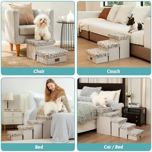 Dog Stair for Small Dogs with Storage, Foldable Pet Stairs for Medium or Puppy Dogs and Older Cats, Dog Steps for Bed or Couch with Soft Cover, 33x13x17.7 inch, 4 Tiers, Leopard