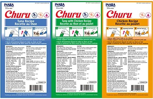 INABA Churu Lickable Purée Natural Cat Treats Tuna & Chicken 3 Flavor Assortment of 12 Tubes