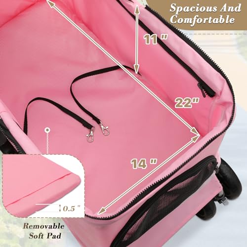 Athena Collection 4 Wheels Pet Stroller for Medium Dogs 33 Lbs Puppy Cat Pet Dog Stroller with Detachable Carrier, Cup Holder Tray, Bottom Storage, Pink