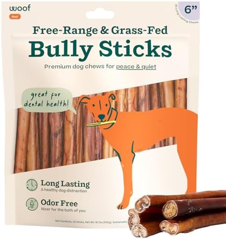 WOOF Bully Sticks Dog Treats - Chew Sticks for Dogs - Long-Lasting Dog Chew Treats - Dog Products Made with Free-Range, Grass-Fed Beef - 6" Sticks - 25pk