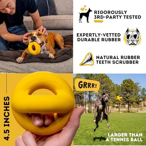 Indestructible Ring Ball - Lifetime Replacement - Strong, Tough, Aggressive Chewers, Medium Large Breed - Non-Toxic Natural Rubber Dog Toys - Yellow - Tug & Fetch - 8x1.75