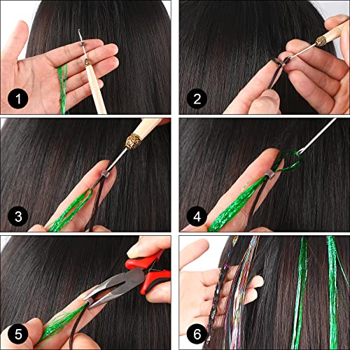 FEBSNOW 47 Inches Tinsel Hair Extension with Tool 2400 Strands 3 Colors Hair Extension Tinsel Kit Glitter Hair Extensions for Women Girls Hair Accessories for Christmas New Year Halloween Party