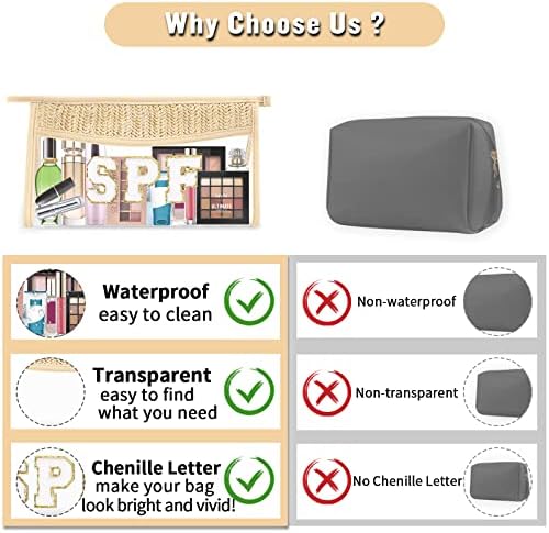 2 Pcs Boho Straw Clear Makeup Letter Bag BEACH Pouch, Sunscreen Bags for Beach Travel Small Cute Chenille Letter SPF Bag Pouch,Waterproof Beach Toiletry Sun Bag Beach Accessories for Women(SPF+SUN)