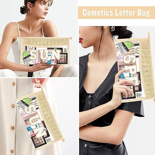 2 Pcs Boho Straw Clear Makeup Letter Bag BEACH Pouch, Sunscreen Bags for Beach Travel Small Cute Chenille Letter SPF Bag Pouch,Waterproof Beach Toiletry Sun Bag Beach Accessories for Women(SPF+SUN)
