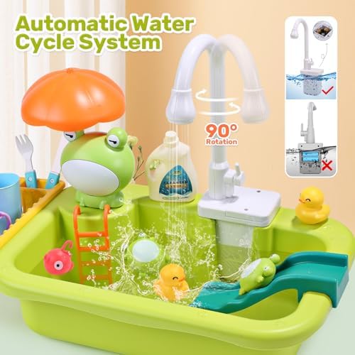 CUTE STONE Play Sink with Running Water, Kitchen Sink Toys with Upgraded Electric Faucet, Play Kitchen Toy Accessories, Pool Floating Fishing Toys for Water Play, Kids Role Play Dishwasher Toy