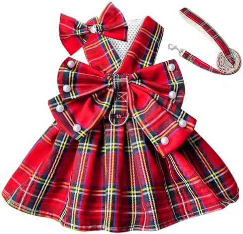 PETCARE Cute Dog Dress Clothes for Small Dogs Cats Girl Female Red Plaid Bow Tie Dog Harness Dresses Leash Set with Pearls Bow Accessories Birthday Puppy Dress Shih Tzu Yorkies Chihuahua Outfits