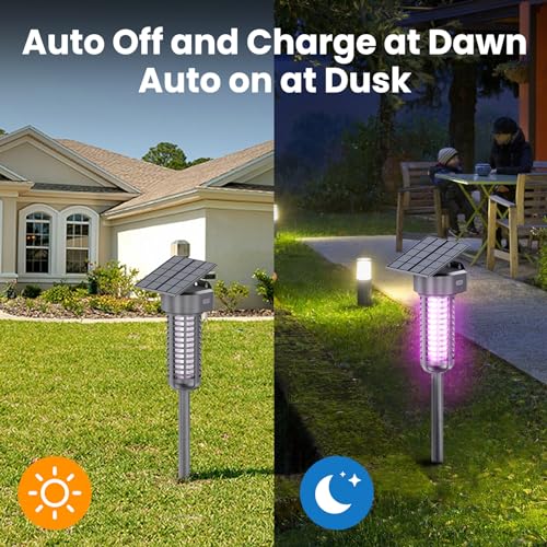 Solar Bug Zapper Outdoor, Garden Mosquito Zapper Waterproof & Cordless & Rechargeable & Auto On/Off,Flying Insect Zapper Mosquito Killer Lamp Mosquito Catcher Decorative Light for Patio, Gray