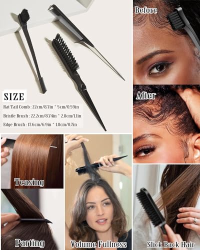 Slick Back Hair Brush Set: Hair Wax, Edge Brush, Rat Tail Comb, Bristle Brush, Hair Bun Accessories, Smoothing Brush for Women & Kids