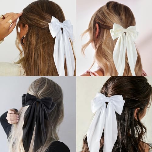 Canitor Hair Bows for Women Silky Satin Hair Ribbon Hair Barrettes Clip Oversized Long Tail Black White Hair Bows Cute Aesthetic Coquette Hair Accessories Preppy Teen Girl Gifts Trendy Stuff Things