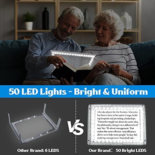 Magnifying Glass for Reading, 10"x 6" Large Lightweight Magnifier with 50 Bright LED Lights Provide Full Book Page Viewing Area Evenly Lit Perfect for Low Vision Person and Seniors Silver
