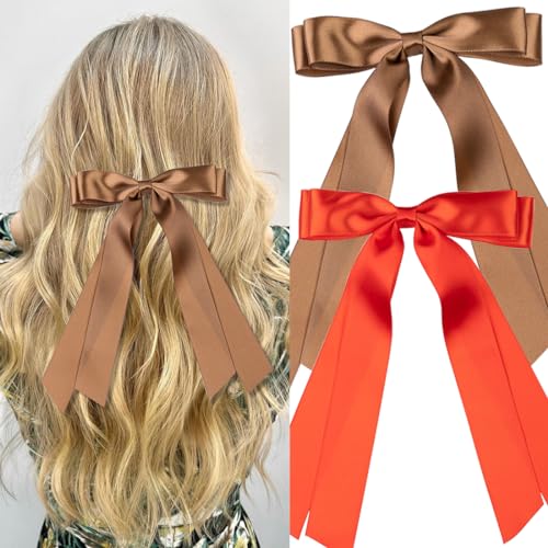 Large Double Hair Bows 2 PCS Satin Ribbon Bow for Women,Hair Bows for Women,Hair Ribbons,Oversized Long-tail Cute Aesthetic Hair Accessories,Large Hair Barrettes for Women( Black,White)