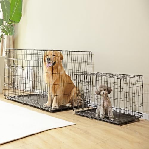 Sweetcrispy Dog Crate with Divider Panel, 42 Inch Double Door Folding Metal Wire Dog Cage with Plastic Leak-Proof Pan Tray, Large XL Pet Kennel for Indoor, Outdoor, Travel