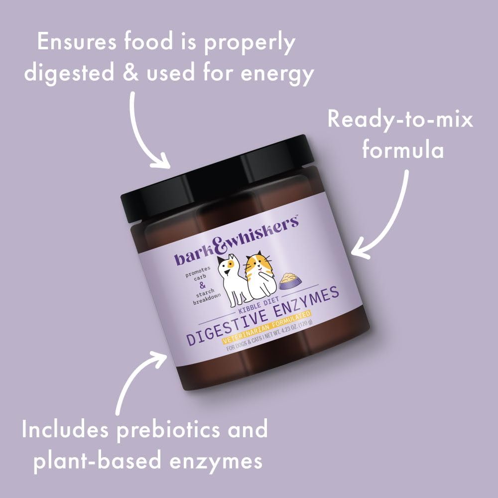 Bark & Whiskers Digestive Enzymes - Supports Kibble Digestion - Veterinarian Formulated - for Dogs & Cats - Non-GMO - 4.23 oz (120 g) - 150 Scoops