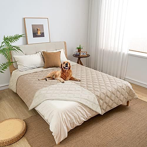 fuguitex Waterproof Dog Blanket, Pet Friendly Reversible Throw Essential for Small Dogs, Tear Resistant Leakproof Washable Couch Cushion Bed Protector Cover for Indoor Furniture(68"*82",Beige+Cream