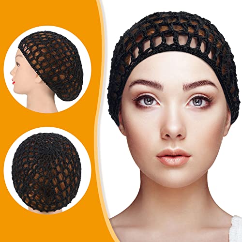 4 Pieces Mesh Crochet Hair Net Rayon Knit Snood Hat Thick Short Women Hairnet Snoods Cover Ornament for Sleeping (Black, Gray)