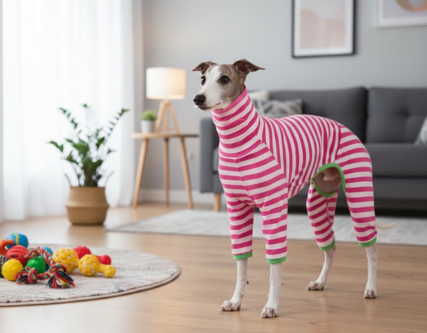 Whalemire Italian Greyhound Onesie Clothes, Cotton Striped Four-Leg Dog Jumpsuit for Whippet & Italian Greyhound, Soft Breathable Stretch Pajamas (Pink, S (6-9 lbs))