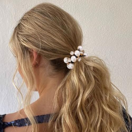Brinie Pearl Hair Ties Black Ponytail Holders Elastic Crystal Hair Scrunchies Pearl Hair Accessories for Women and Girls (Pack of 3)