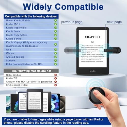 Remote Control Page Turner for Kindle Paperwhite Oasis Kobo eReaders, Camera Shutter Selfie Controller, Remote Page Turner for iPad Tablets Reading Novels, Ideal for Kindle Accessories