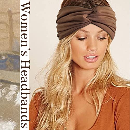 Wide Headbands for Women Knotted No Slip Head Bands Soft Turban Headband Hair Accessories Boho African Solid Color Head Wraps for Women Yoga Workout Pack of 6(Brown)