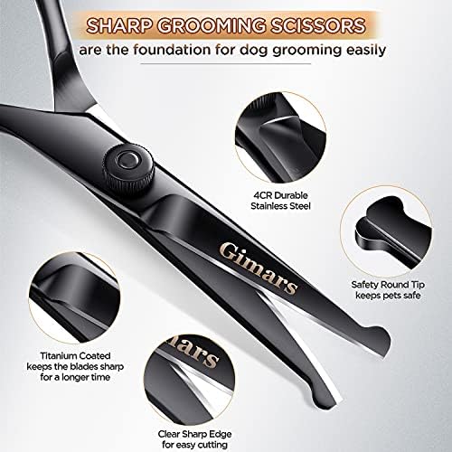 Gimars 7inch Professional 4CR Stainless Steel 6 in 1 Grooming Scissors for Dogs with Safety Round Tip, Heavy Duty Titanium Coated Pet Grooming Scissor for Dogs, Cats and Other Animals