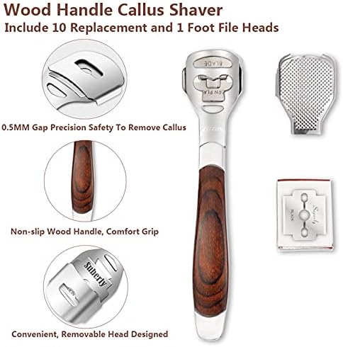 Colossal Foot Rasp & Wood Handle Callus Shaver (10 Replacement & 1 Foot File Heads), Pedicure Foot File Kit, Heel Scraper for Feet, Foot File Callus Remover