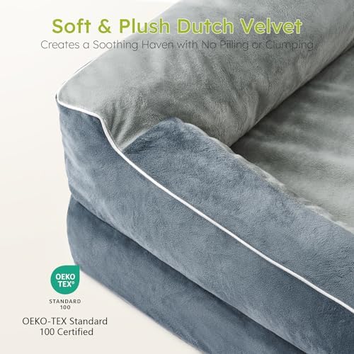 XXL Dog Bed - Extra Large, Orthopedic with Cooling Gel Memory Foam, Waterproof, Washable Cover, 53" Dog Sofa Bed, Dutch Velvet, Bone Toy, Dark Gray
