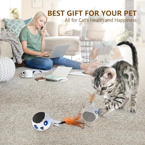 ORSDA Cat Toys, Interactive Cat Toy Ball for Indoor Bored Indoor Cats Kitten Toys, Automatic Electric Bird Moving Ball Toy, 4 Mode Touch & Sound Control Rolling Chirping Stimulating, 2 Feather Tails