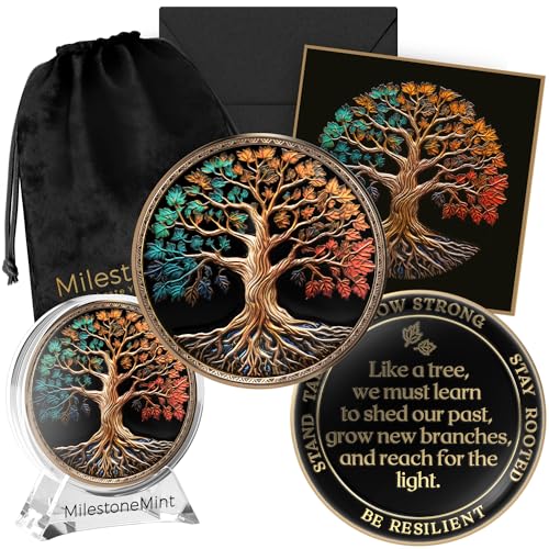 MilestoneMint Affirmation Sobriety Coin Gift Set | Tree of Life AA Chip Medallion with Coin Capsule, Display Stand & Card | Sobriety Gifts for Anniversary Month & Year for Men & Women in Recovery
