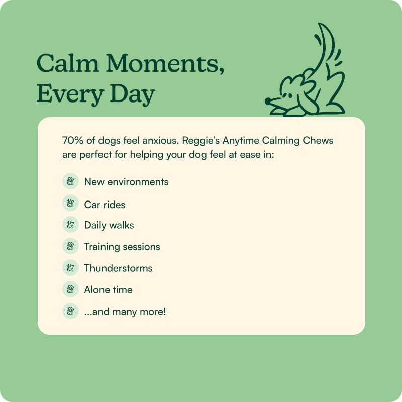 Reggie Anytime Calming Chews for Dogs | Natural Anxiety Relief with L-Theanine & Magnolia Barks | Calming Dog Treats for Separation Anxiety, Thunderstorms, Travel & Stress | 60 Soft Chews