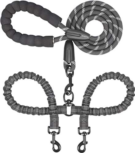 iYoShop Dual Dog Leash, 360 Swivel No Tangle Walking Leash, Shock Absorbing Bungee for Two Dogs, Black, Medium (8-35 lbs)
