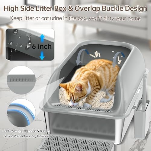 Stainless Steel Litter Box with Lid, XL Extra Large Metal Cat Litter Box for Big Cats, High Sided Design with Scoop & Pedal, Non-Stick, Anti-Leak, Easy to Clean-Light Grey