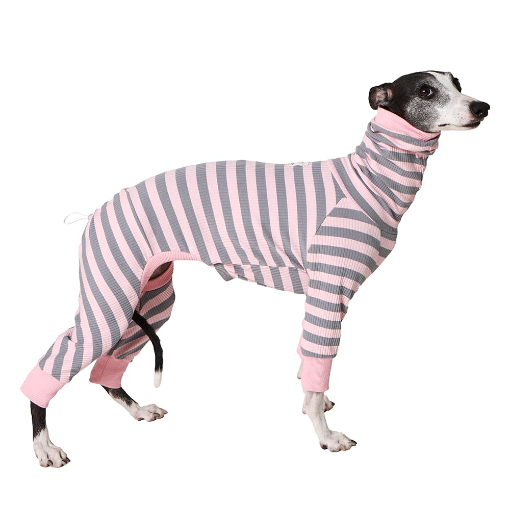 HowlyWoof Whippet Shirt, Thin Striped Base Layer Onesie for Greyhounds, Lightweight Striped Base Layer for Sighthounds (Pink&Grey, Size 8(35-41lbs))