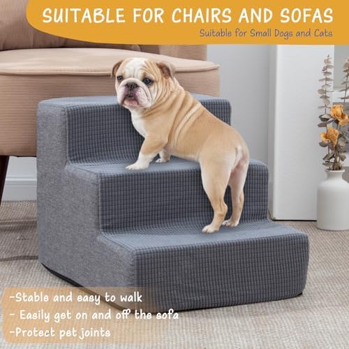 Dog Stairs for Small Dogs, Dog Steps for Couch and Bed, Non-Slip Bottom Pet Stairs for Small Dogs or Cats, Grey, 3 Steps