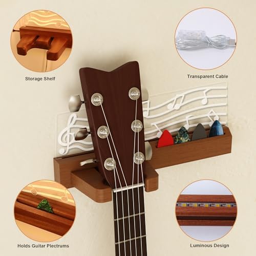 Light Up Guitar Stand Wall Mount, Solid Wood Guitar Hanger Shelf Accessories with Pick Holder, for Acoustic Electric Bass Ukulele Violin, Gift for Men Boyfriend Music Lovers Guitar Players Guitarist
