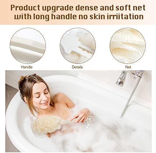2Pack Back Scrubber for Shower,PIPUHA Loofah Sponge Shower Brush Using Body Exfoliating with Long Handle, Loofah on a Stick for Men Women, Bathing Accessories for Body Brushes (Blue and White)