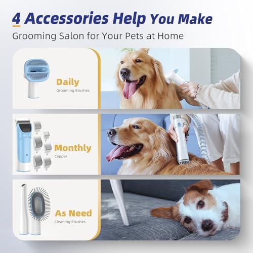 Dog Grooming Kit with Pet Grooming Vacuum, Dog Clipper, Pet Grooming Shedding Brush, Cleaning Tool in 1, Low Noise Dog Vacuum for Dogs Cats (Blue)