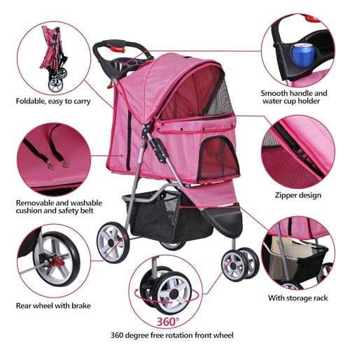 Foldable Pet Stroller for Cats and Dogs 3 Wheels Carrier Strolling Cart with Weather Cover, Storage Basket + Cup Holder (Pink)