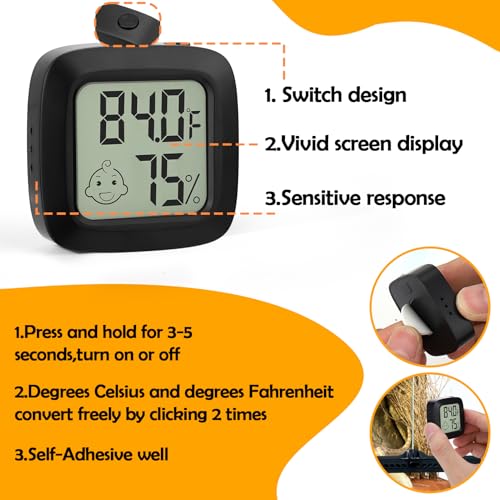 2 PCS Reptile Thermometer and Humidity Gauge for Bearded Dragon with On-Off, Reptile Tank Accessories for Jumping Spider, Leopard Gecko, Hermit Crab, Gecko, Ball Python, Lizard